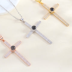 Personalisierte Silber Luxuriöse Glitzer Kreuz Kette mit Bild im Stein – Funkelndes Kreuz mit Foto Projektion