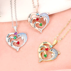 Personalisierte Geburtssteinkette mit Namensgravur – Delfin jagt Wellen Herz Anhänger, Kreative Geschenke für Familie & Team