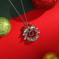 Personalisierte Fotokette mit Bild & Text - Rot Grüner Zirkon Perlen Schleifenkranz,Weihnachts Party Gedenk Schmuck Geschenk