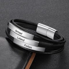 Personalisierte Schwarzes Multitour Leder Armband mit Gravurplatte - 1-3 Namen Geschenk für Ihn