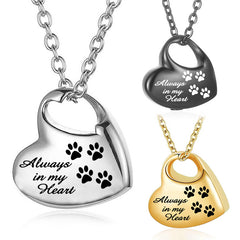Personalisierter Edelstahl-Urnenanhänger – Herzförmiger, hohler Anhänger mit Text und Pfotenabdruck, Rückseite gravierbar