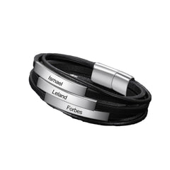 Personalisierte Schwarzes Multitour Leder Armband mit Gravurplatte - 1-3 Namen Geschenk für Ihn