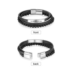 Personalisierte Multitour Geflochtenes Leder Armband mit Gravurplatte & Schwarzen Perlen - Modisches Geschenk für Ihn