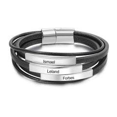 Personalisierte Schwarzes Multitour Leder Armband mit Gravurplatte - 1-3 Namen Geschenk für Ihn