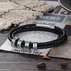 Personalisierte Multitour Geflochtenes Leder Armband mit Gravur & Geburtsstein - Optional Mehrere Namen, Geschenk für Männer