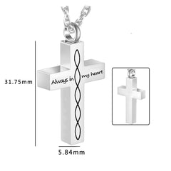 Personalisierter Edelstahl-Gedenkschmuck – Kreuz-Anhänger mit Text und Unendlichkeitssymbol, Rückseite gravierbar