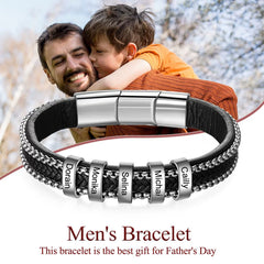 Personalisierte Schwarzes Herren Armband Leder mit Gravur - Flechtleder mit 1-9 Namen