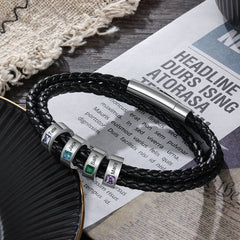 Personalisierte Multitour Geflochtenes Leder Armband mit Gravur & Geburtsstein - Optional Mehrere Namen, Geschenk für Männer