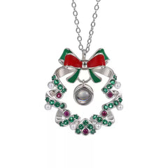 Personalisierte Fotokette mit Bild & Text - Rot Grüner Zirkon Perlen Schleifenkranz,Weihnachts Party Gedenk Schmuck Geschenk