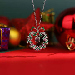 Personalisierte Fotokette mit Bild & Text - Rot Grüner Zirkon Perlen Schleifenkranz,Weihnachts Party Gedenk Schmuck Geschenk