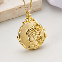 Personalisierte 925 Silber Runde Medaillon Kette mit Achtstraligem Stern und Griechischer Göttin Relief, Jahrestagsgeschenk für Sie