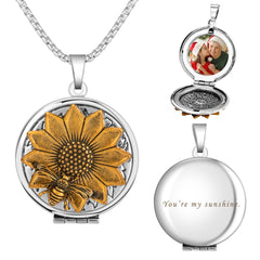 Personalisierte Foto Medaillon Kette mit Bilder &Text – Runder Anhänger mit Gold Sonnenblume und Biene, Perfekter Geschenk für Mama Frauen