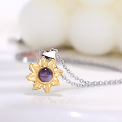 925 Silber Personalisierte Foto Kette mit Bild im Stein - Blume Sonne Anhänger in Gold, Elegantes Geschenk für Sie