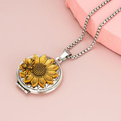 Personalisierte Foto Medaillon Kette mit Bilder &Text – Runder Anhänger mit Gold Sonnenblume und Biene, Perfekter Geschenk für Mama Frauen