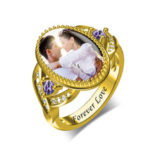 Personalisierter Unendlichkeit Ovalring mit Foto & Gravur – Mit lila Zirkonia