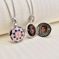 925 Silber Runde Foto Medaillon Kette – Bunter Emaille Kleeblatt Personalisiertes Foto & Text,Jubiläums Geschenk für Sie