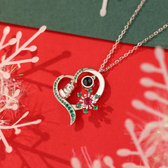 Personalisierte Foto Kette mit Bild & Text - Rot-Grün-Zirkon-Schneemann-Schneeflocken Herz Anhänger, Kreative Geschenk für Frauen Mädchen