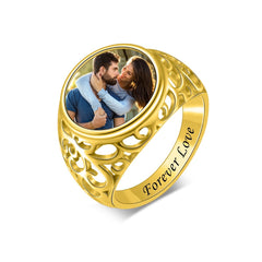 Personalisierter Runder Hohl Retro Muster Ring mit Foto und Innengravur - Erinnerungsgeschenk für Ehefrau, Mama und Oma