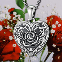 Personalisierte 925 Silber  Foto Medaillon Kette – Vintage Herz Anhänger mit eingravierter Rose, Perfekter Geschenk für Frauen