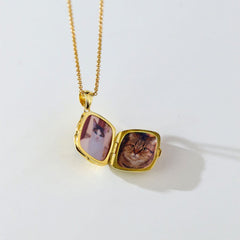 925 Silber Personalisierte Foto Medaillon Kette mit Bilder &Text – Vintage Quadratischer Anhänger mit Natürlichem Amethyst,Geschenk für Frauen