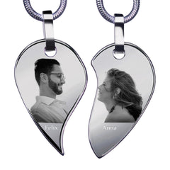 Personalisierte Herz-Partnerketten Zweiteilige Puzzlekette für Paare – Wolfram Ketten, Gravur mit Bild & Namen