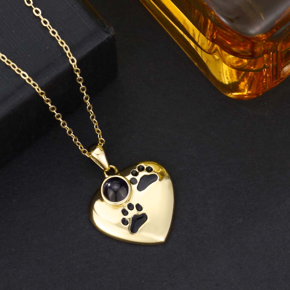 Foto Projektion Halskette mit Bild im Stein - Herz mit Schwarz Hundepfoten amazgifts