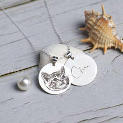 Personalisierte 925 Silber Münzhalskette mit Bild - Skizze Gravur Foto Haustier Kinderzeichnung Fingerabdruck & Name