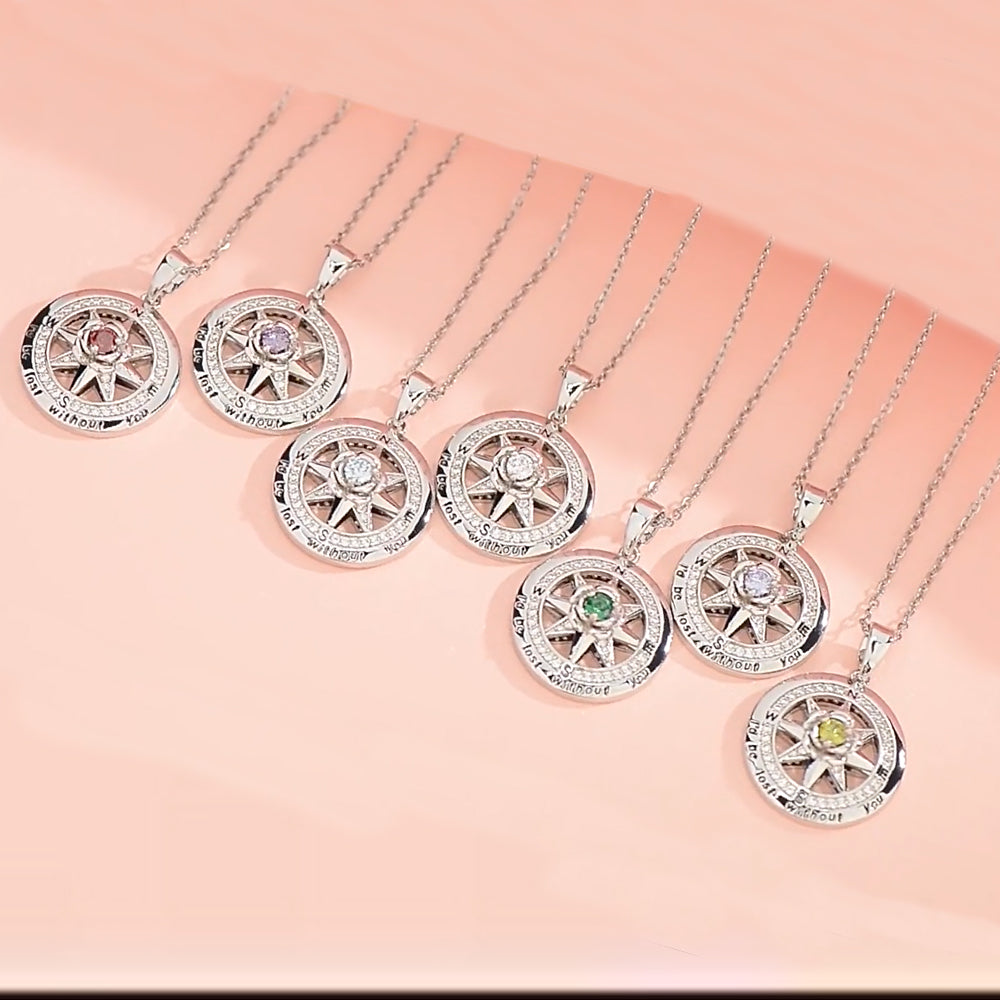 925 Silber Kompass Halskette mit Rose & Geburtsstein – Gravur „I’d be lost without you“, Geschenk zum Geburtstag & Abschluss