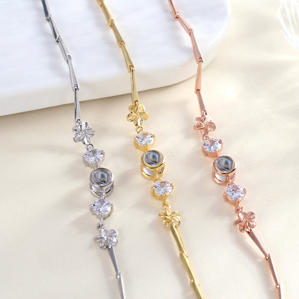 925 Silber Armband Bilder – Kleeblatt Zirkonia mit Bild Projektion,Foto Geschenk für Sie
