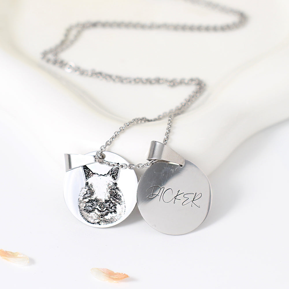 Personalisierte 925 Silber Münzhalskette mit Bild - Skizze Gravur Foto Haustier Kinderzeichnung Fingerabdruck & Name
