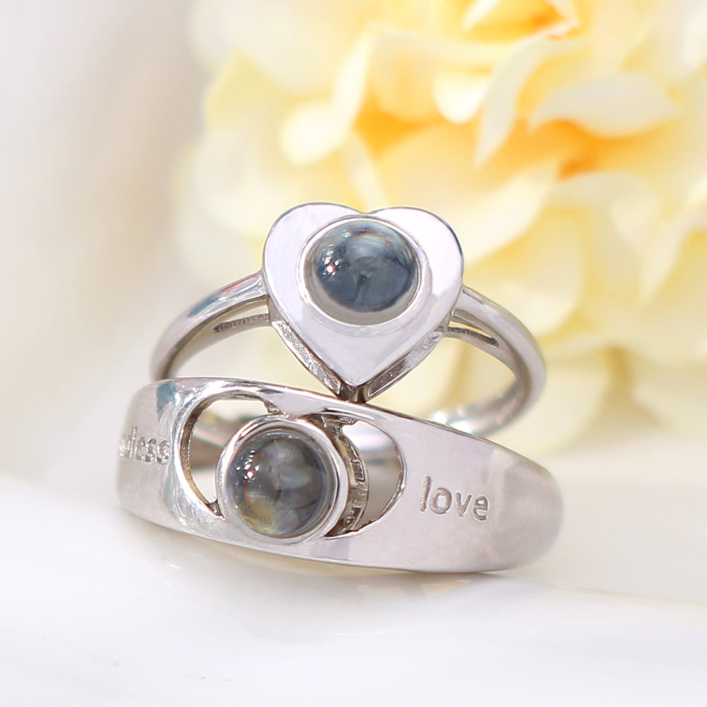 Personalisierte 925 Silber Paar Ringe mit Bild Text im Stein - Herz Ring Jahrestags Geschenk für Paare