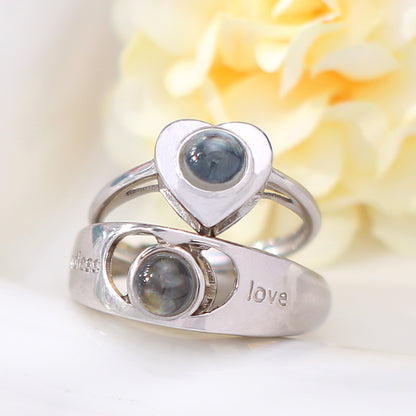 Personalisierte 925 Silber Paar Ringe mit Bild Text im Stein - Herz Ring Jahrestags Geschenk für Paare