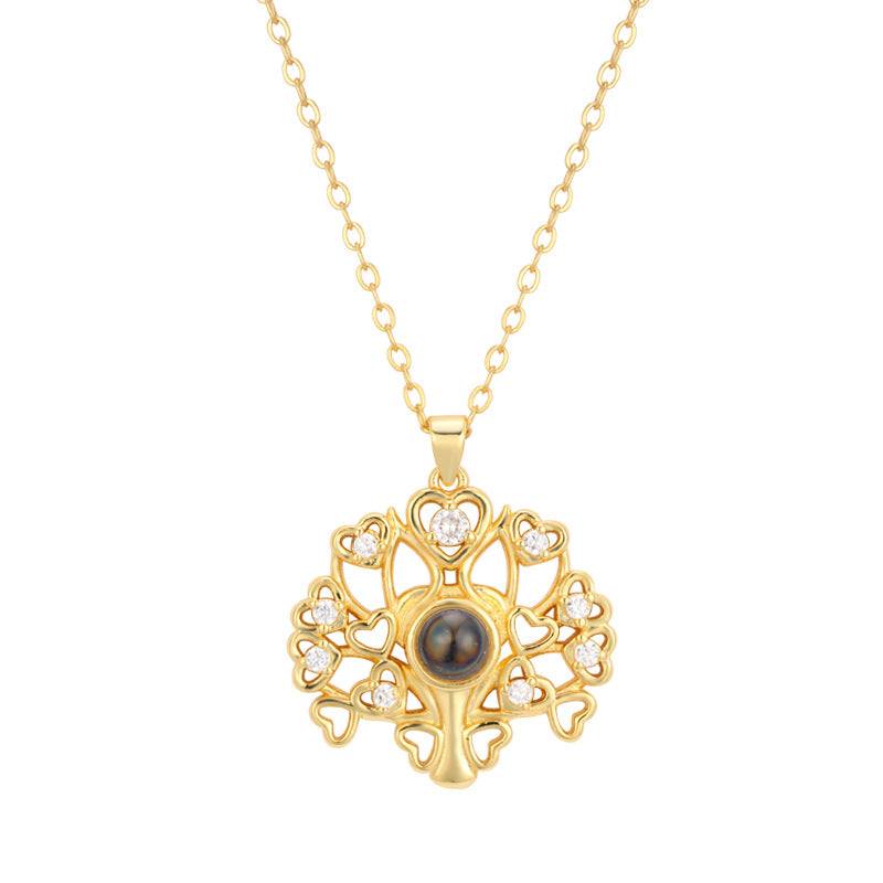 Personalisierte Projektions Kette mit Bild drin – Lebensbaum mit Herzen & Zirkonia, 925 Silber Geschenk für Sie