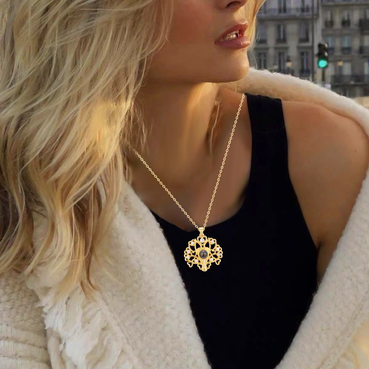 Personalisierte Projektions Kette mit Bild drin – Lebensbaum mit Herzen & Zirkonia, 925 Silber Geschenk für Sie