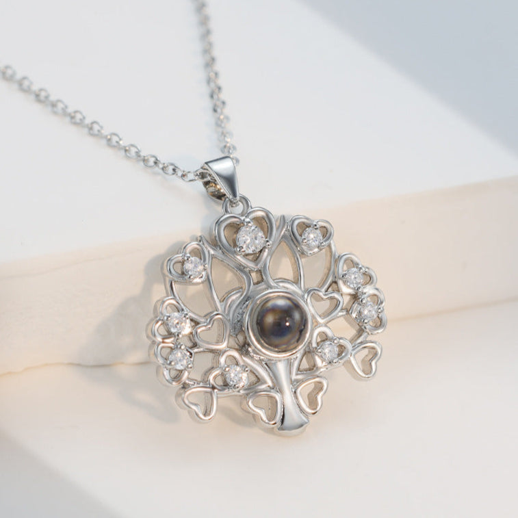 Personalisierte Projektions Kette mit Bild drin – Lebensbaum mit Herzen & Zirkonia, 925 Silber Geschenk für Sie