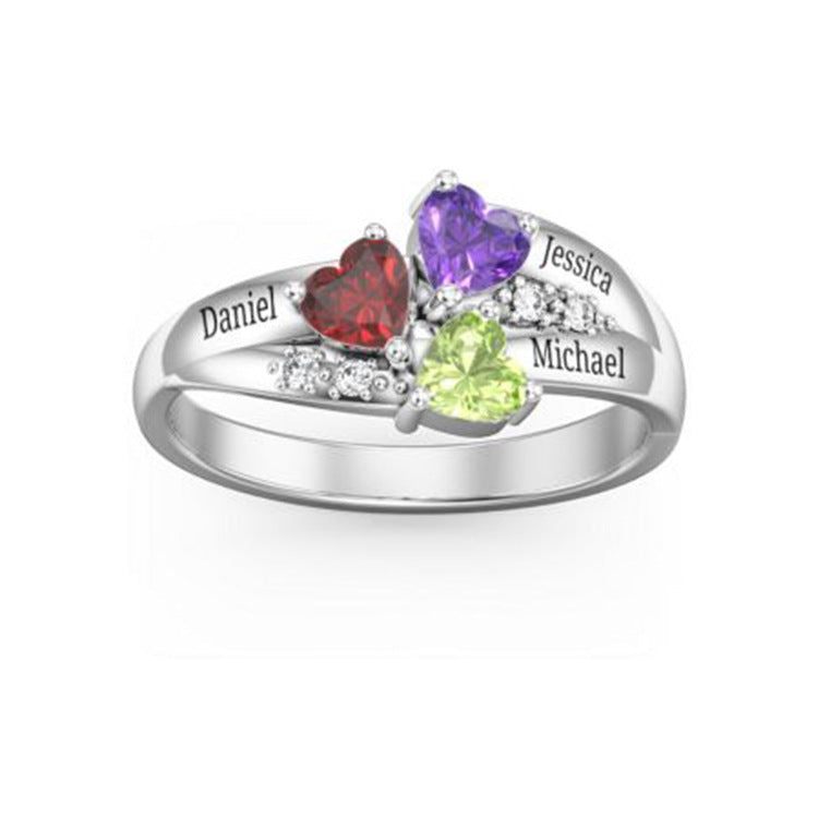 925 Silber Personalisierter 3 Herz Geburtsstein Ring mit Namen - Perfektes Geschenk für Sie