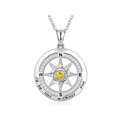 925 Silber Kompass Halskette mit Rose & Geburtsstein – Gravur „I’d be lost without you“, Geschenk zum Geburtstag & Abschluss