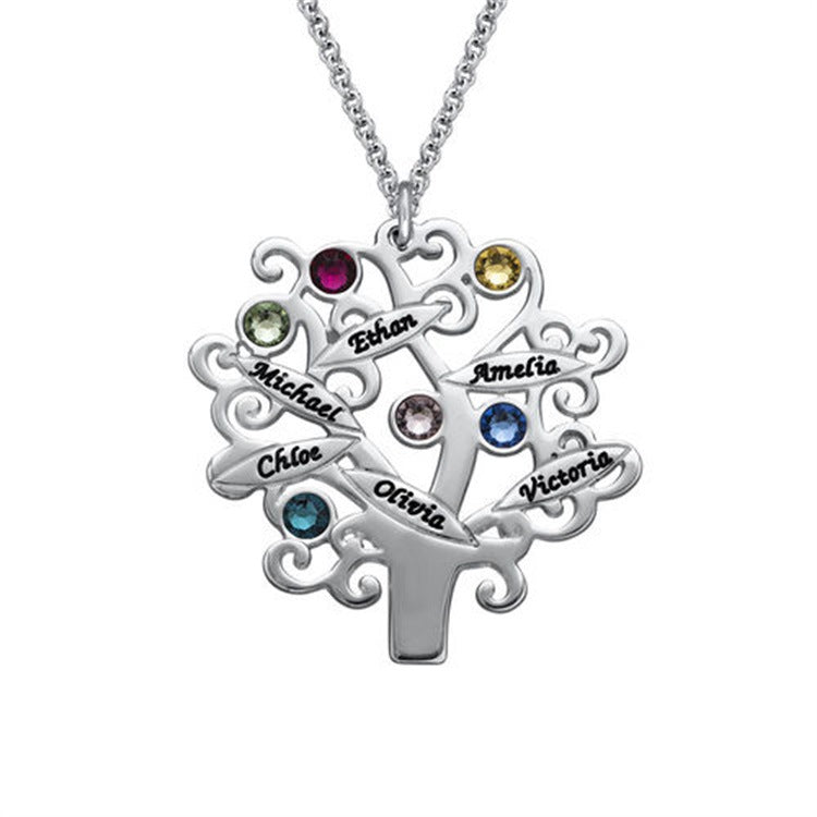 Personalisierte Lebensbaum Namenskette mit Geburtssteinen – 925 Silber, Geschenk für Mama, Oma oder Teammitglieder