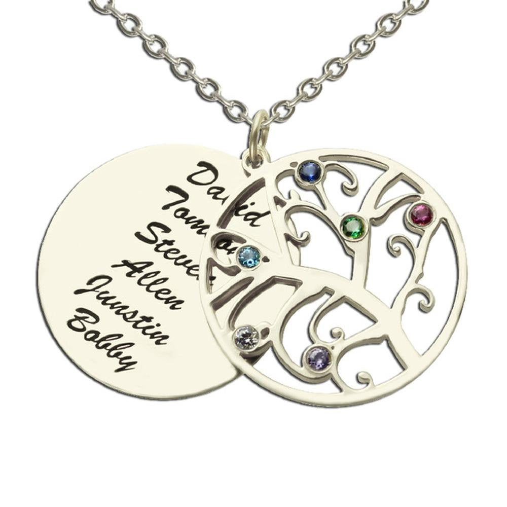 Personalisierte Geburtssteinkette mit Namensgravur –Lebensbaum im Kreis & Namensmedaillon, Perfektes Geschenk für Mama Oma