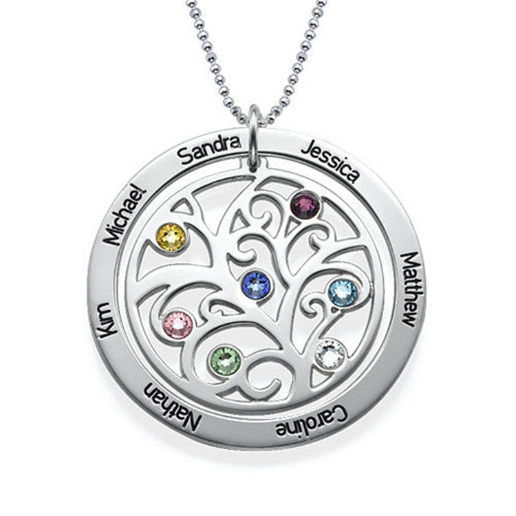 Personalisierte Lebensbaum Ring Namenskette mit Geburtssteinen – 925 Silber, Geschenk für Mama, Oma oder Teammitglieder