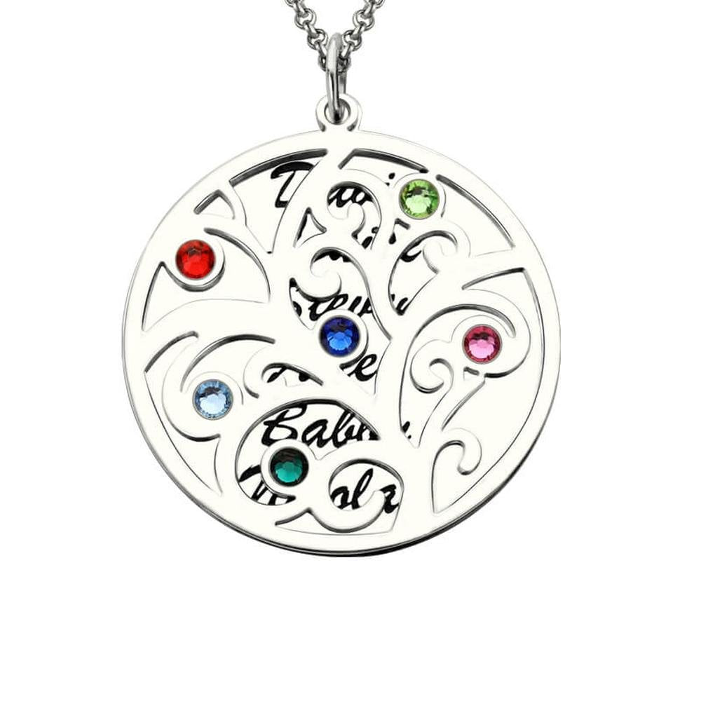 Personalisierte Geburtssteinkette mit Namensgravur –Lebensbaum im Kreis & Namensmedaillon, Perfektes Geschenk für Mama Oma