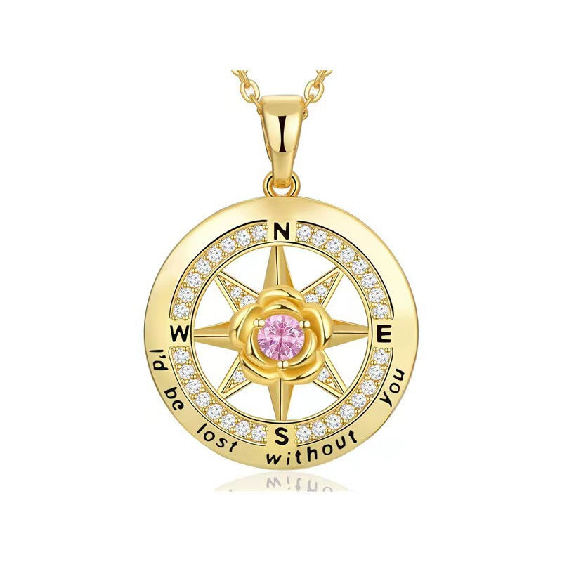 925 Silber Kompass Halskette mit Rose & Geburtsstein – Gravur „I’d be lost without you“, Geschenk zum Geburtstag & Abschluss