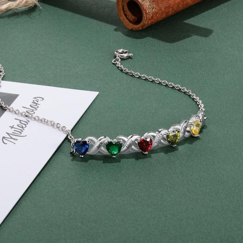 Personalisiertes Infinity Loop Herz Geburtsstein Armband mit eingraviertem Namen – Perfektes Geschenk für Mama, Oma & Team