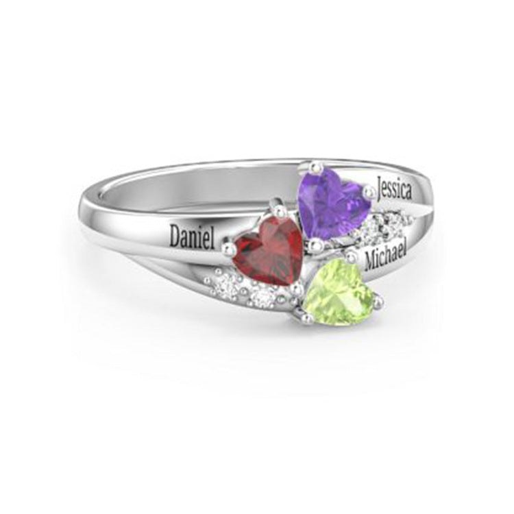925 Silber Personalisierter 3 Herz Geburtsstein Ring mit Namen - Perfektes Geschenk für Sie
