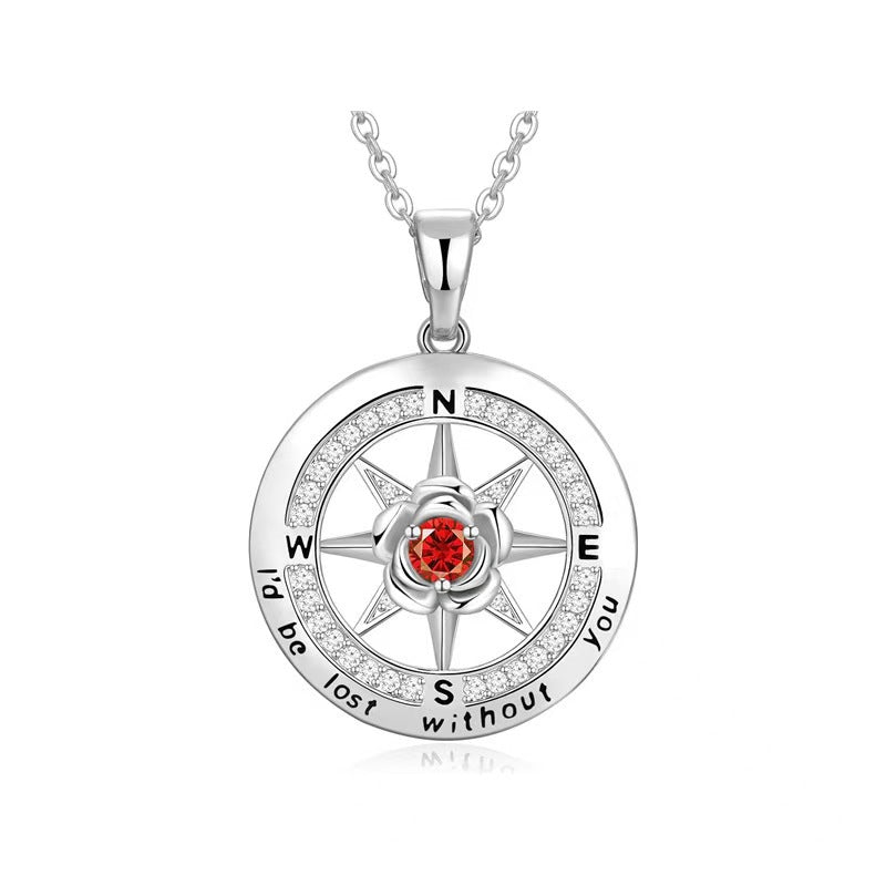 925 Silber Kompass Halskette mit Rose & Geburtsstein – Gravur „I’d be lost without you“, Geschenk zum Geburtstag & Abschluss