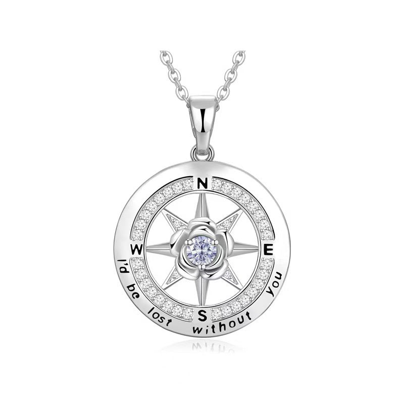 925 Silber Kompass Halskette mit Rose & Geburtsstein – Gravur „I’d be lost without you“, Geschenk zum Geburtstag & Abschluss