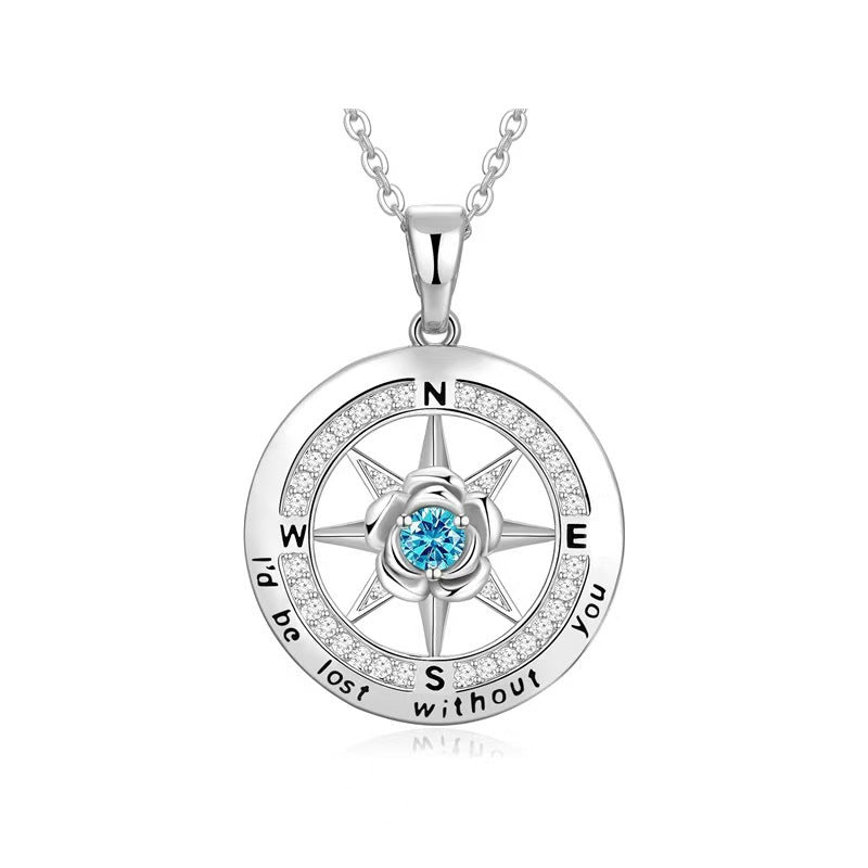 925 Silber Kompass Halskette mit Rose & Geburtsstein – Gravur „I’d be lost without you“, Geschenk zum Geburtstag & Abschluss