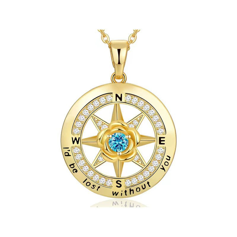 925 Silber Kompass Halskette mit Rose & Geburtsstein – Gravur „I’d be lost without you“, Geschenk zum Geburtstag & Abschluss