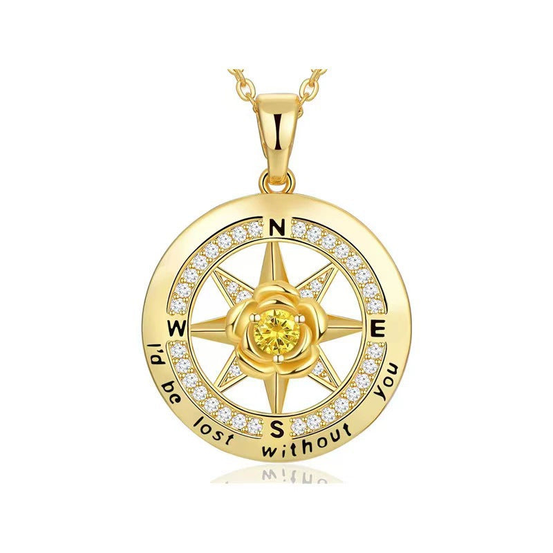 925 Silber Kompass Halskette mit Rose & Geburtsstein – Gravur „I’d be lost without you“, Geschenk zum Geburtstag & Abschluss