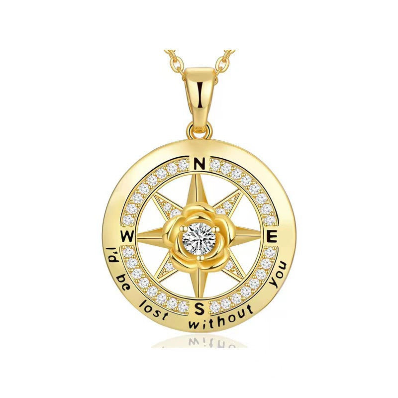 925 Silber Kompass Halskette mit Rose & Geburtsstein – Gravur „I’d be lost without you“, Geschenk zum Geburtstag & Abschluss